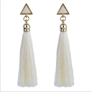 Triangular Creamy White & Gold Tassel Earrings